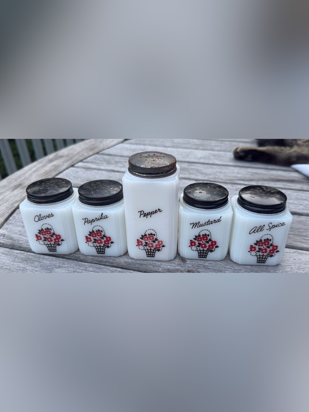 McKee Tipp City Vintage 1950’s Milk Glass Spice Shakers Red Floral Basket Set